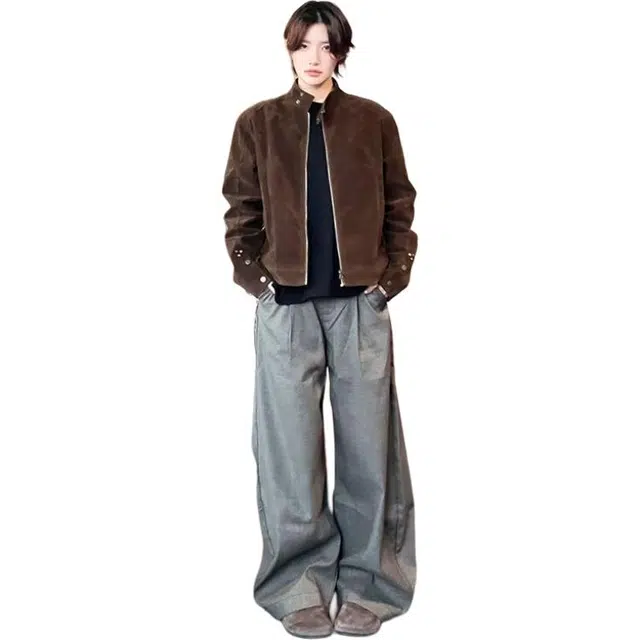 单爵 美拉德绒皮外套巴恩风短款哈灵顿立领夹克 男女同款