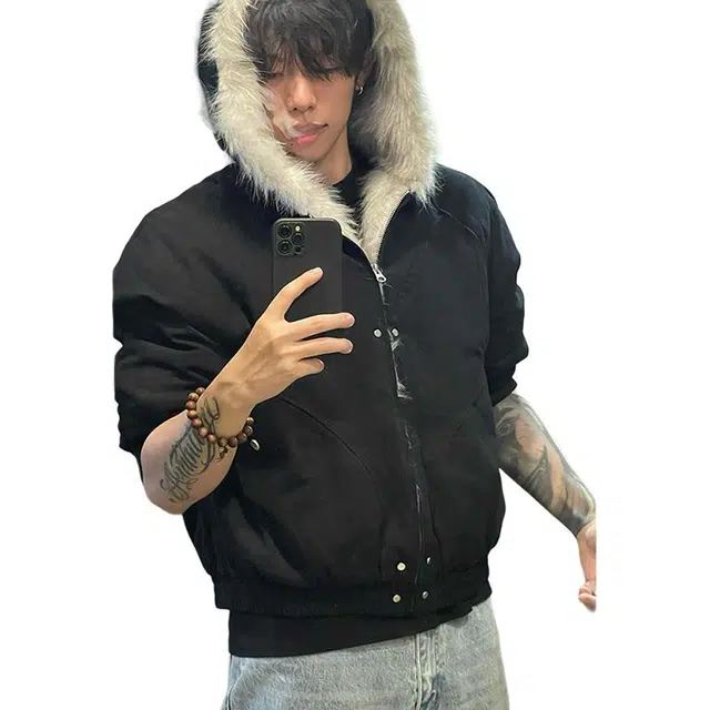 黑马漫画 短款座山雕毛领夹克外套男冬季美式复古保暖棉服 男女同款