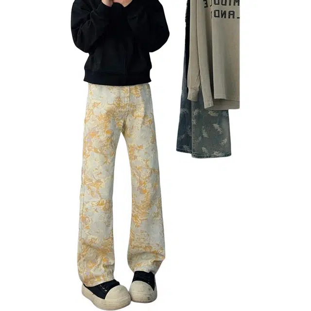 单爵 美式扎染微喇裤男款高级感痞牛仔裤 男女同款