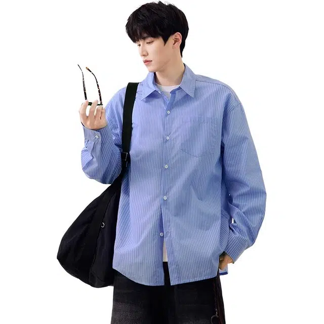 欧路得 日系纯色少年感男女春季潮牌青少年休闲长袖宽松慵懒纯棉衬衣衬衫 男款