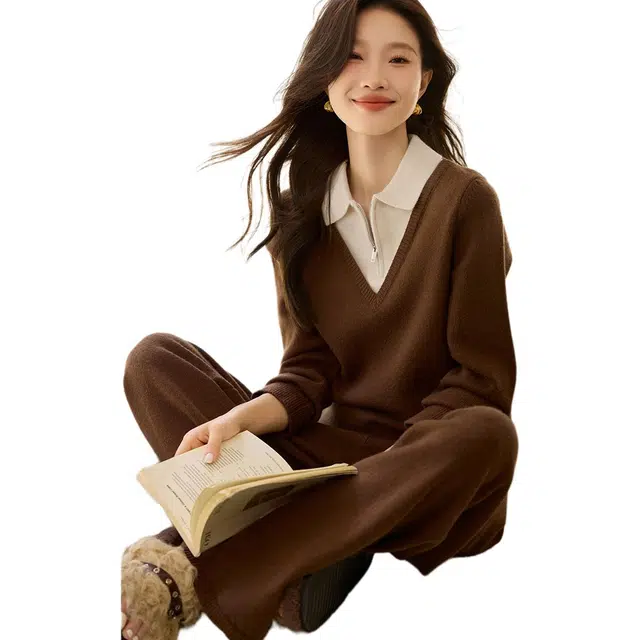 沫晗依美 舒适长袖上衣纯色简约高腰长裤休闲套装 女款 咖拼米