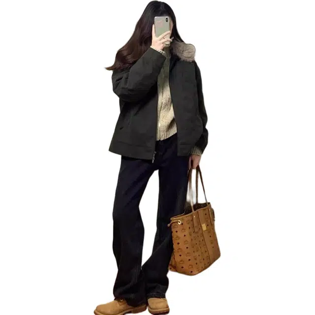 邓大喵 美式复古军毛领短外套女秋季宽松设计感工装上衣夹克 女款