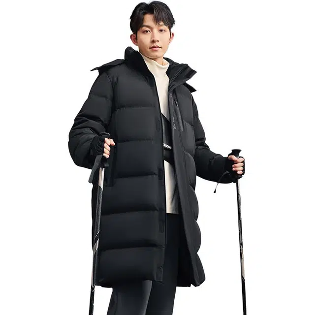 鸿星尔克 综训系列 舒适休闲简约长款连帽羽绒服 男款 正黑