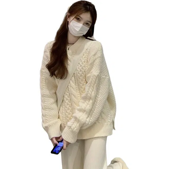 邦固依品 复古日系慵懒风女宽松外穿加厚保暖麻花打底衫女秋冬上衣针织衫 女款