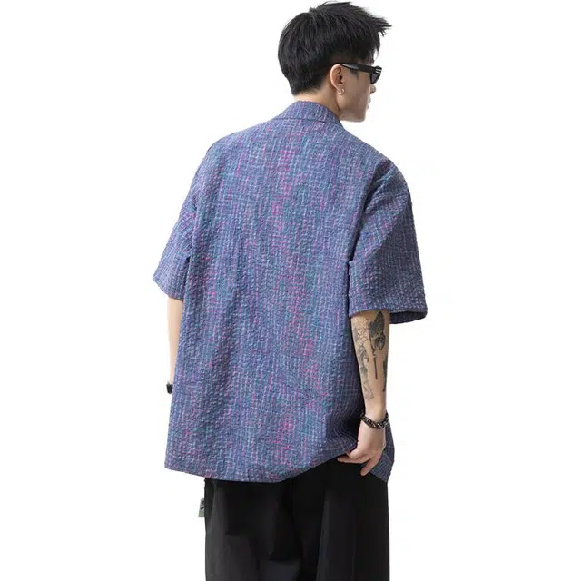 加荣 美式格纹泡泡纱薄款设计感情侣款宽松速干夏季短袖衬衫 男女同款