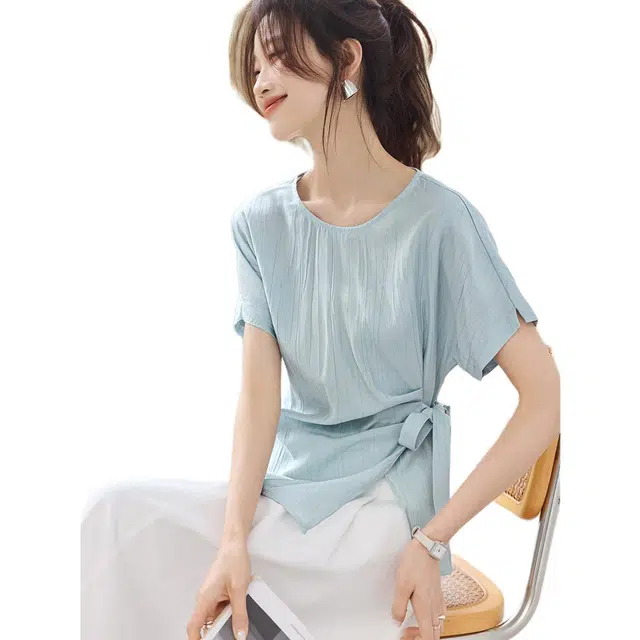 沫晗依美 纯色圆领舒适短袖衬衫 女款 浅水蓝