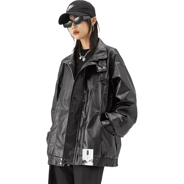 【美式休闲PU皮机车拉链外套】布客行 酷飒不羁狂野硬朗摇滚叛逆霸气纯色宽松百搭工装痞帅翻领设计防风防水夹克 男女同款