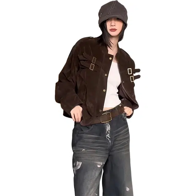 单爵 美式拼接绑带设计麂皮外套男款秋季高级感短款哈夹克 男女同款