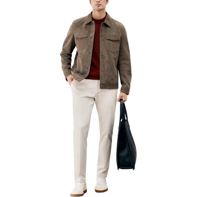 丹宁哲学 灯芯绒纹理新西兰绵羊皮复古纯色翻领直筒型皮衣 男款