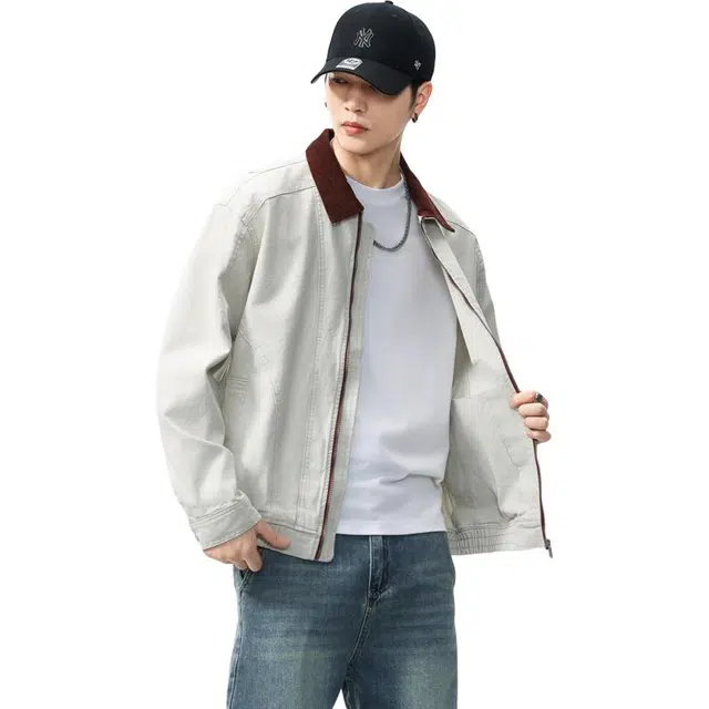 希越 美式复古翻领工装外套男士春秋款潮牌纯棉简约上衣宽松休闲夹克 男款