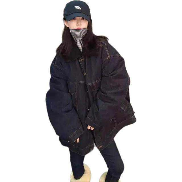 邓大喵 美式宽松单排扣女欧货秋冬季百搭中长款棉服上衣牛仔外套 女款