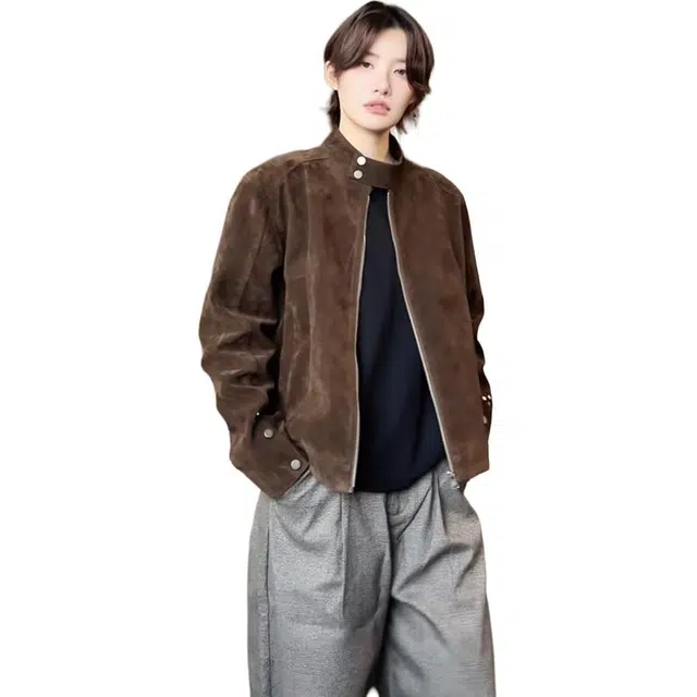 单爵 美拉德绒皮外套巴恩风短款哈灵顿立领夹克 男女同款