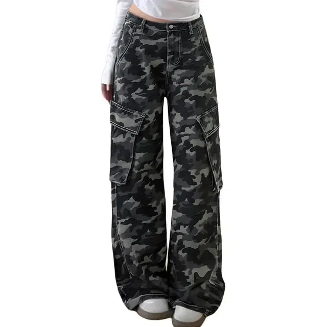 一碗士多 美式复古迷彩个性简约大口袋设计水洗做旧时尚长裤户外通勤日常百搭舒适显高显瘦宽松痞帅基础四季款休闲中腰直筒牛仔裤 男女同款
