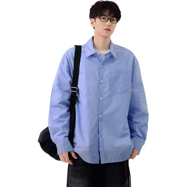 欧路得 日系纯色少年感男女春季潮牌青少年休闲长袖宽松慵懒纯棉衬衣衬衫 男款