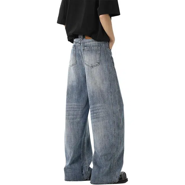 沃马 宽松直筒美式高街拼接弯刀水洗做旧阔腿舒适亲肤透气长裤牛仔裤 男女同款 蓝色