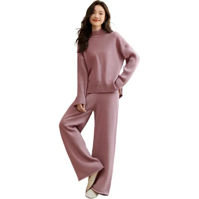 Mohan Yimei Solid Thick Split Top Wide Leg Pants Set Pink