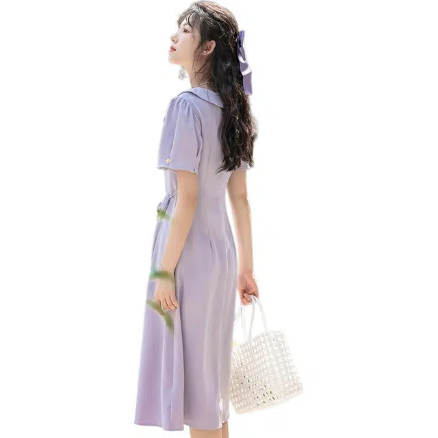 玄唐 法式修身显瘦小众设计感方领长裙子短袖连衣裙 女款 紫色