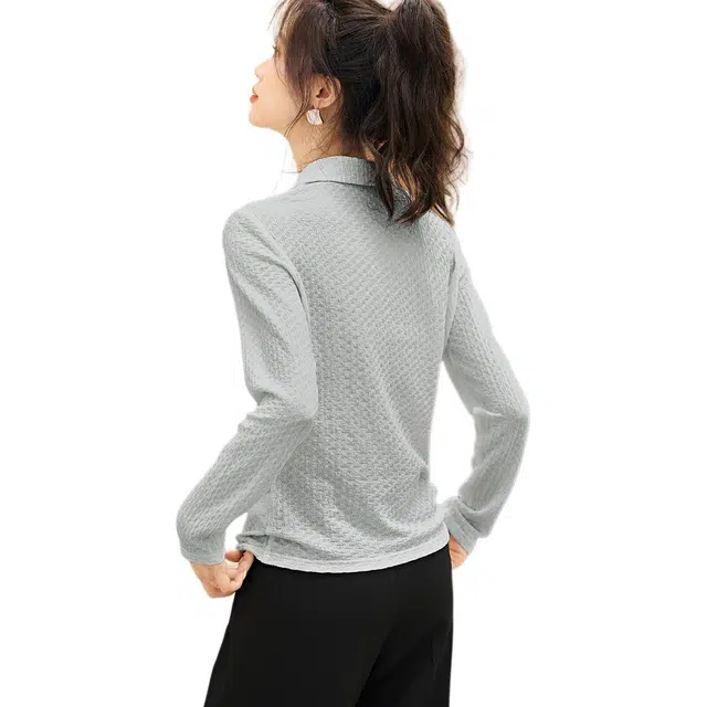 沫晗依美 针织纯色常规长袖翻领休闲日常便服宽松腰衬衫 女款