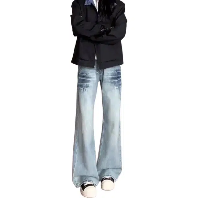 单爵 水洗蓝闪电纹直筒裤男款秋季美式高街牛仔裤 男女同款