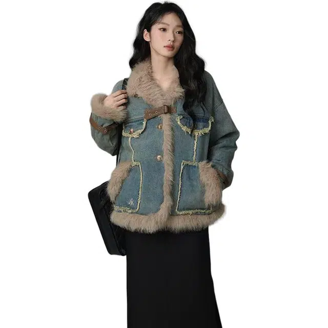 邓大喵 法式复古毛毛牛仔女秋冬季宽松设计时尚通勤文艺百搭上衣外套 女款