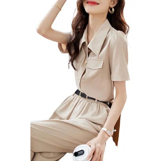 沫晗依美 通勤显瘦简约纯色泡泡袖短袖翻领常规中腰长裤休闲套装 女款