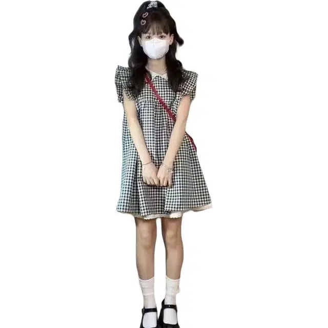 水中花 法式甜美坎肩小个子裙子娃娃领格子裙飞飞袖气质无袖连衣裙 女款