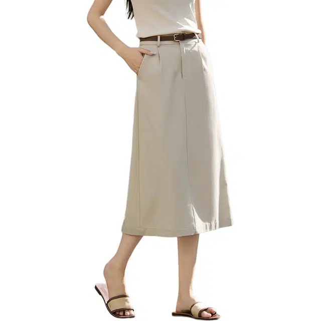 沫晗依美 通勤简约舒适休闲长裙 女款 米灰色