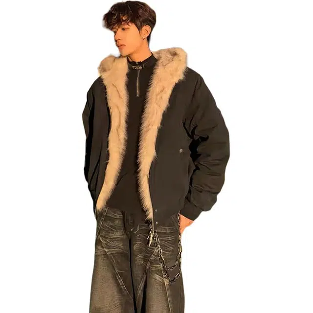 黑马漫画 短款座山雕毛领夹克外套男冬季美式复古保暖棉服 男女同款