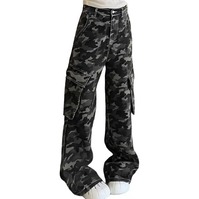一碗士多 美式复古迷彩个性简约大口袋设计水洗做旧时尚长裤户外通勤日常百搭舒适显高显瘦宽松痞帅基础四季款休闲中腰直筒牛仔裤 男女同款