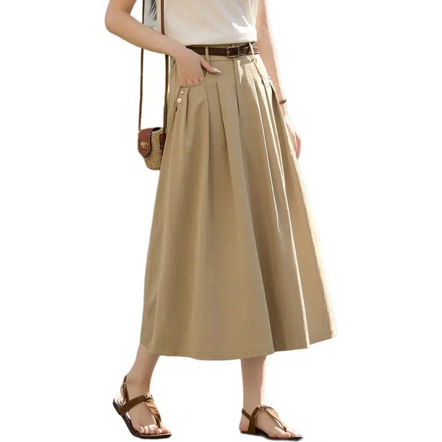 沫晗依美 纯色舒适简约休闲长裙 女款 卡其色