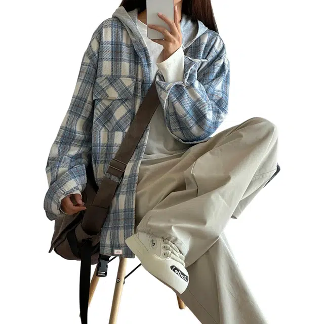 北欧攻略 韩系简约磨毛蓝格子连帽日系高级感宽松休闲长袖上衣外套复古秋冬衬衫 男女同款