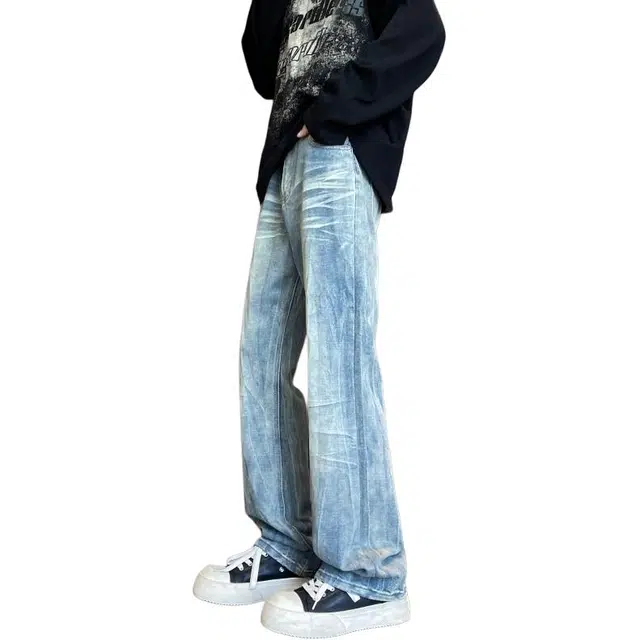 宝米卡 高街宽松时尚直筒美式复古潮牌休闲长裤阔腿弯刀裤磨白作旧水洗裤子牛仔裤 男女同款