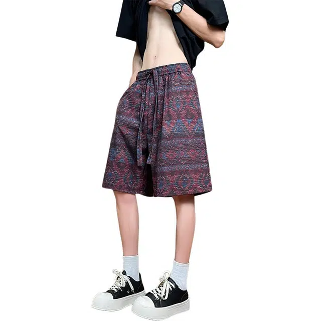 太子龍 民族风针织提花外穿过膝中裤运动五分裤休闲短裤 男款