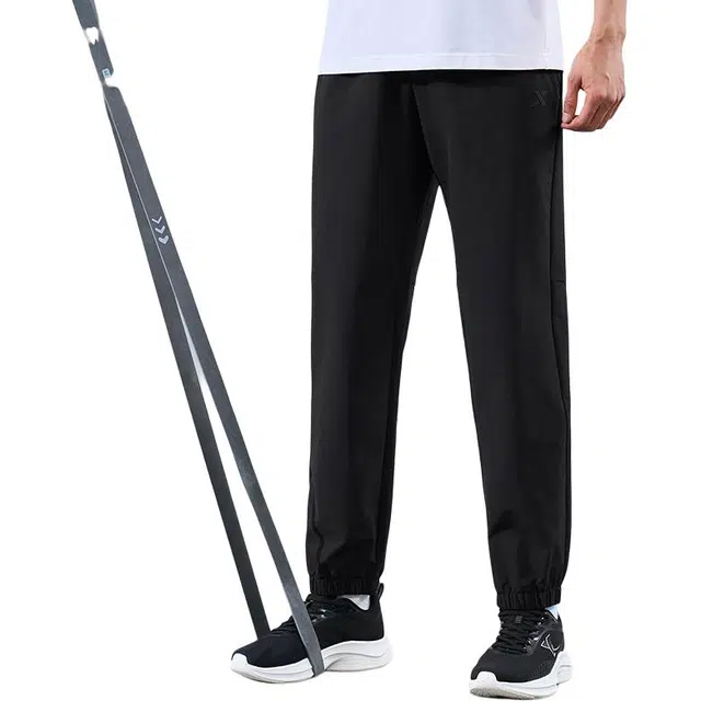 特步 综训系列 纯色中腰舒适百搭透气束脚运动长裤 男款 正黑色