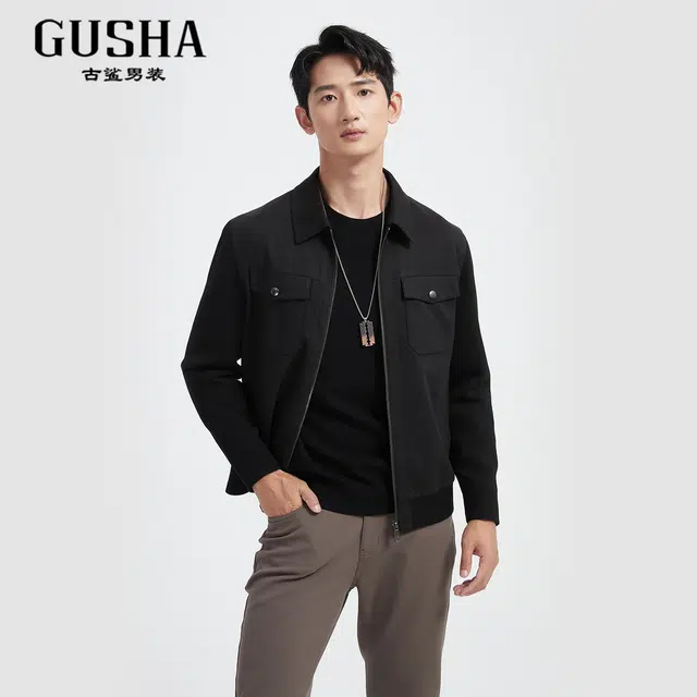 古鲨 针织拼接麂皮商务时尚翻领外套行政夹克 男款