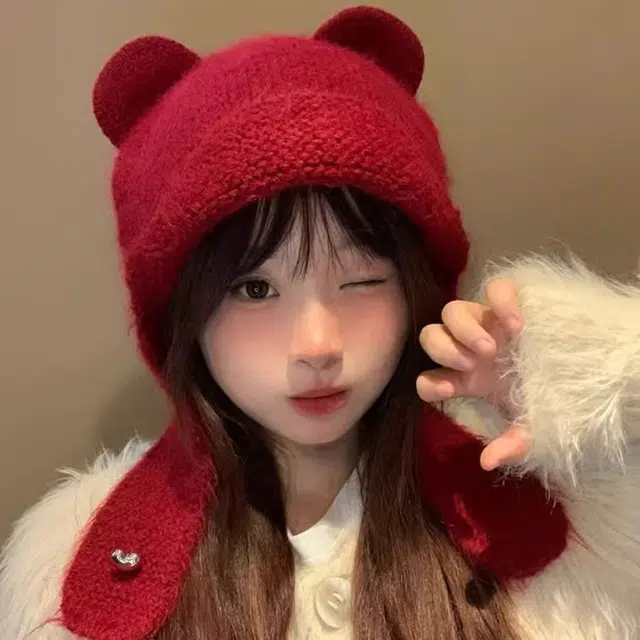 恩僾德 减龄可爱秋冬季小熊针织套头帽骑行护耳防寒保暖百搭大头围显脸小 聚酯纤维 绒线帽 男女同款情侣款