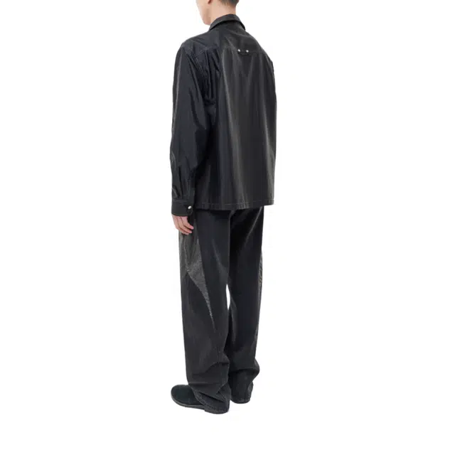 BESLOW CURVED LINE LEATHER DENIM PANTS