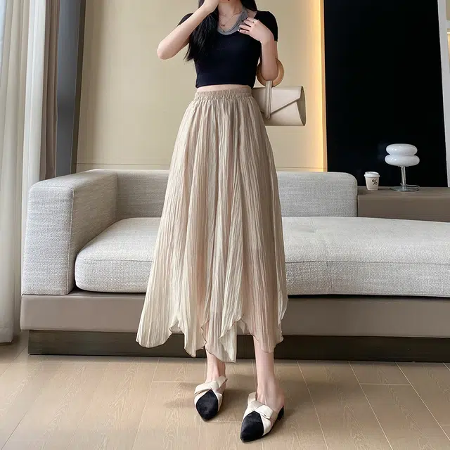 纤丝鸟 不规则网纱半身裙高腰褶皱蓬蓬纱裙大摆中长款休闲长裙 女款