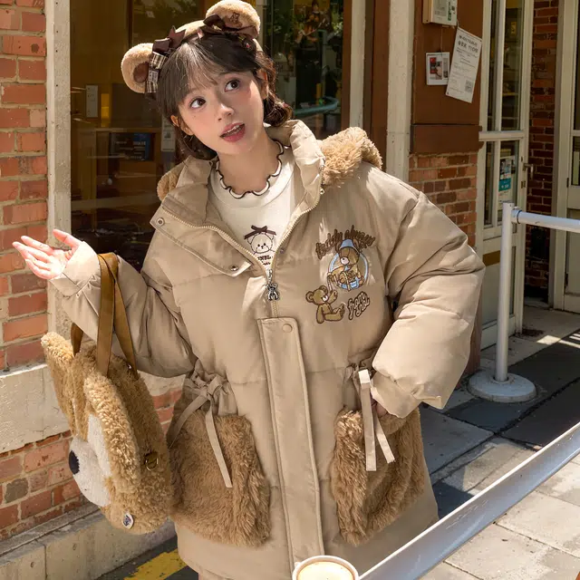 森女部落 原创可爱小熊棉衣保暖中长款可拆帽子棉服 女款 浅卡其色