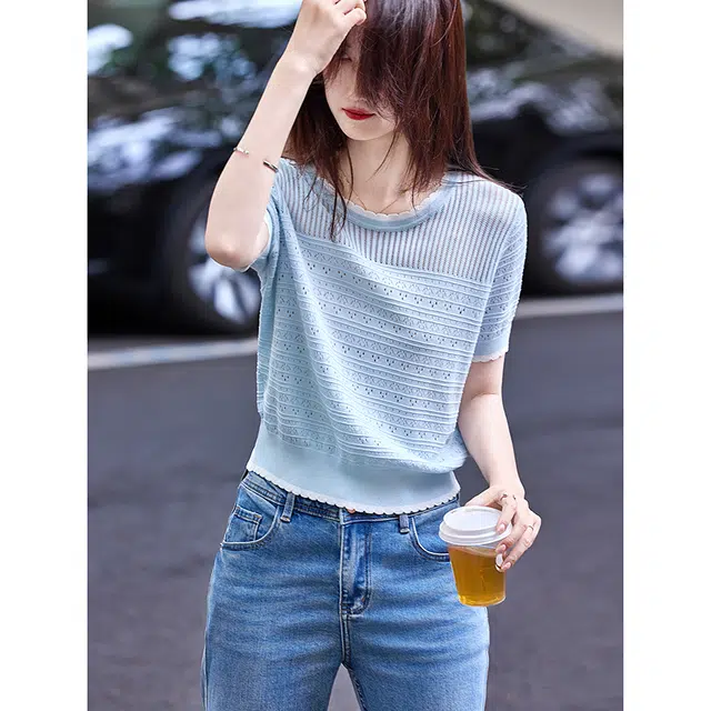 苏醒的乐园 时尚修身薄款小衫甜美镂空花边圆领短袖针织衫 女款