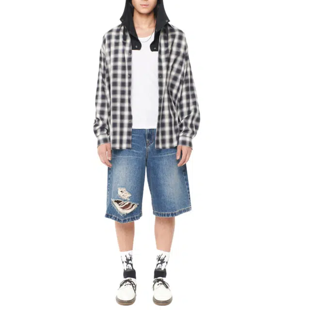 BESLOW DISTRESSED WIDE DENIM SHORTS