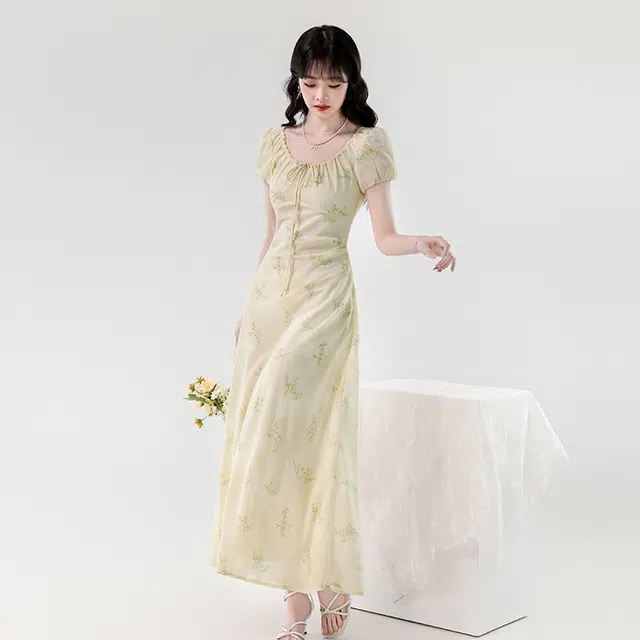 水中花 高级感碎花收腰显瘦气质长裙短袖连衣裙 女款