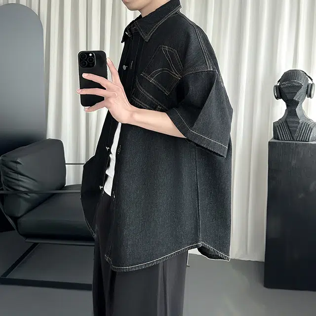 金盾 夏季外套潮流牛仔翻领短袖衬衫 男款