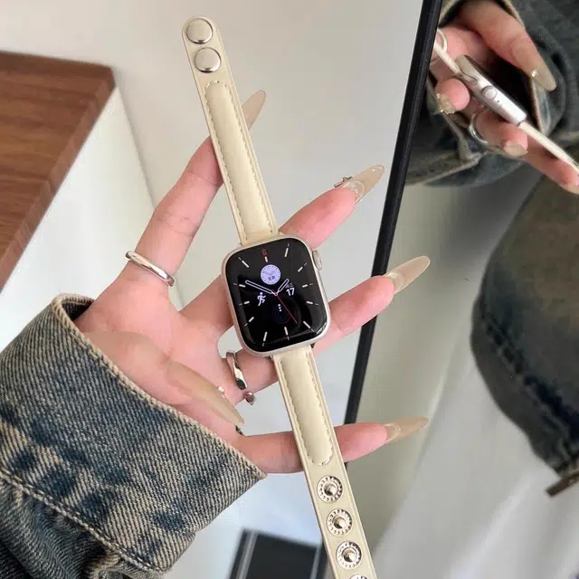 老佳 苹果适用 手表表带 真皮材质 复古按扣细款真皮表带男女通用