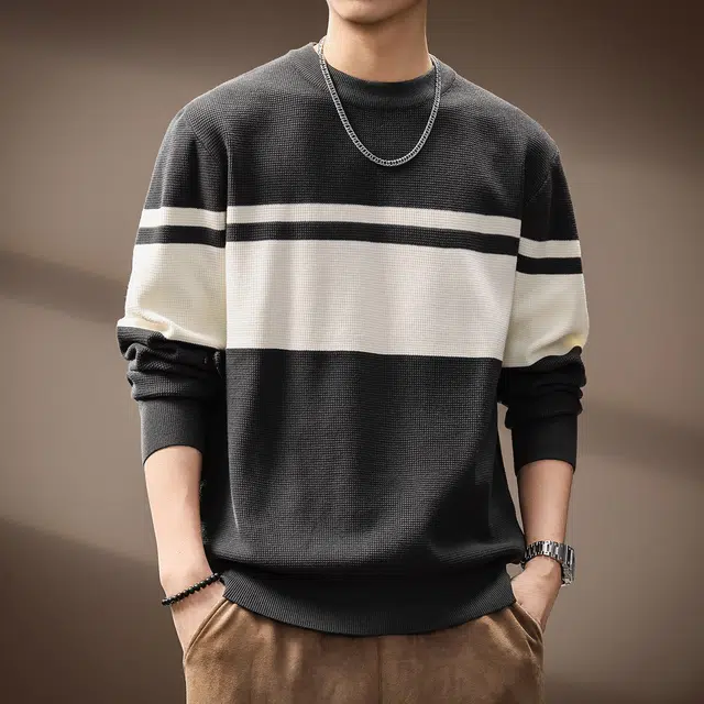 贵色 青少年学院风潮流百搭撞色条纹长袖清新文艺亲肤柔软休闲圆领针织衫 男女同款