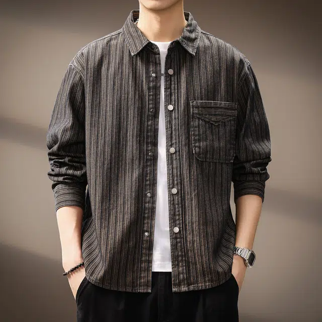 贵色 美式重磅复古时尚潮流条纹长袖工装风潮牌拼接口袋设计休闲百搭衬衫 男女同款