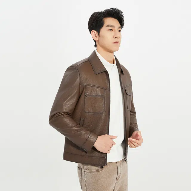 利郎 都市休闲纯色短款翻领质感百搭秋季皮衣 男款