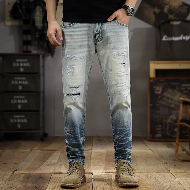 遨宇 美式复古潮牌破洞极简修身小脚做旧痞帅休闲百搭九分牛仔裤 男款