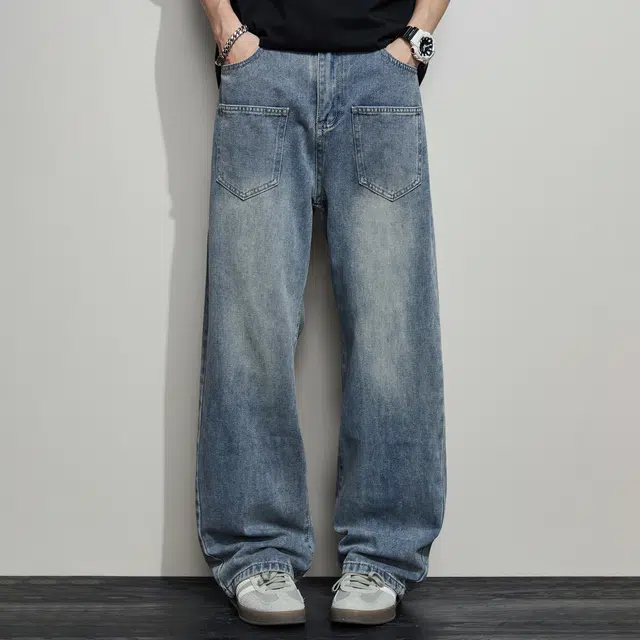 童先森 潮牌口袋设计感复古高街水洗痞帅直筒牛仔裤 男款