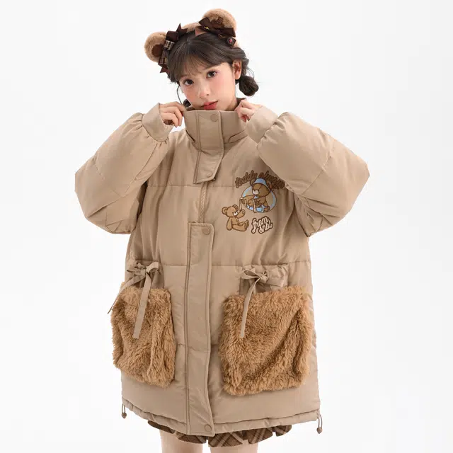 森女部落 原创可爱小熊棉衣保暖中长款可拆帽子棉服 女款 浅卡其色